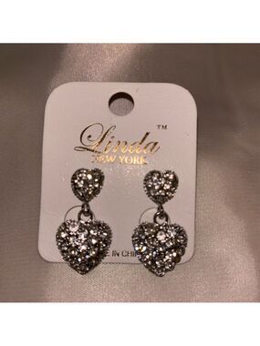 NWT Silver Double Heart Crystal Dangle Earrings